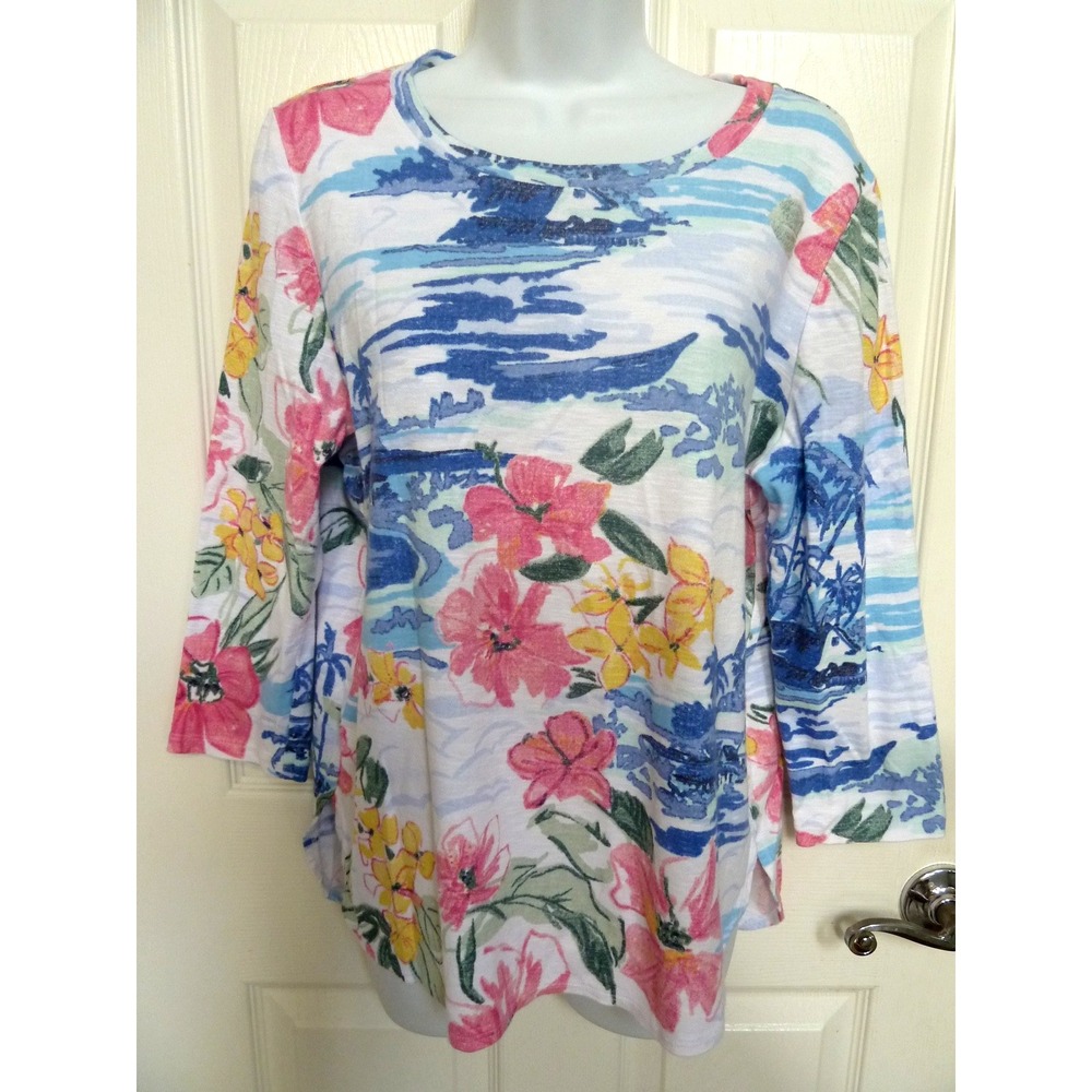 Tommy Bahama Womens Large Tropical Island Cotton Tee 3/4 Sleeve Floral Top